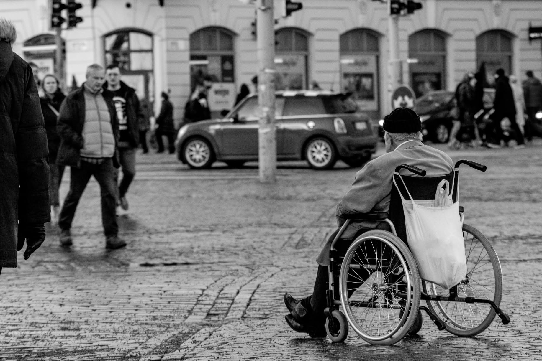 Black and white city square